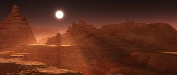Mars at sunset, alien planet under the setting sun,