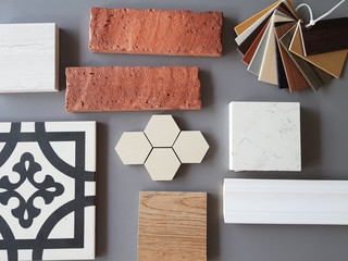  samples of material, wood , on concrete table.Interior design select material for idea. Decoration...