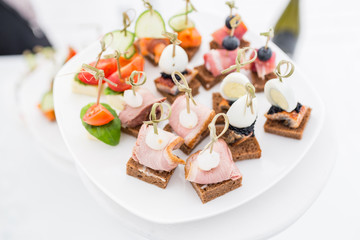 Buffet table. Assortment of canapes. Banquet service in restaurant. Catering food, snacks on white plate