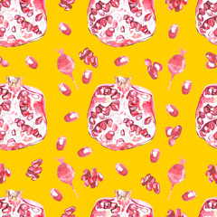 Watercolor summer seamless pattern with pomegranate. Yellow tropical pattern