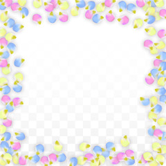 Vector Realistic Colorful Petals Falling on Transparent Background.  Spring Romantic Flowers Illustration. Flying Petals. Sakura Spa Design. Blossom Confetti. Design Elements for Wedding Decoration.
