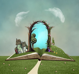 An open book with a surreal green countryside landscape - 3D mixed media illustration © EllerslieArt
