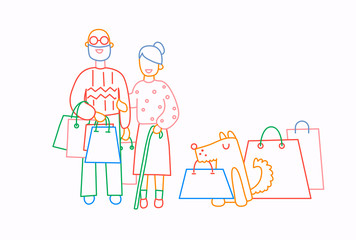 Old couple and dog hold shopping bags with purchases. Line cartoon style vector illustration.