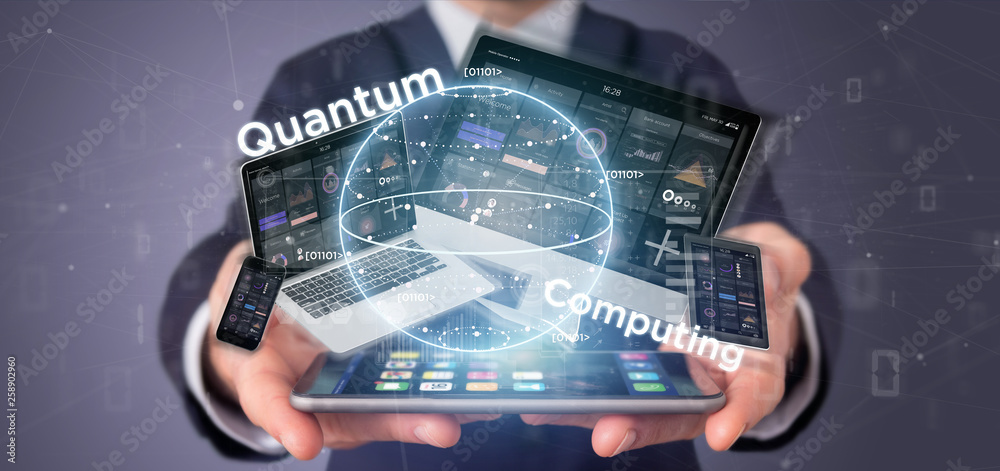 Poster businessman holding quantum computing concept with qubit and devices 3d rendering