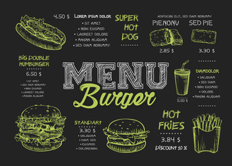 Burger menu poster design on the chalkboard elements. Fast food menu skech style. Can be used for layout, banner, web design, brochure template. Vector illustration.