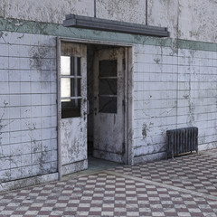 View of the corridor in a psychiatric hospital with shabby walls. Half-open doors