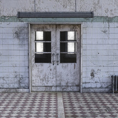 View of the corridor in a psychiatric hospital with shabby walls. Closed door to the room