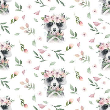 Watercolor Seamless Hand Illustrated Floral Pattern With Floral Leaf, Pink Flowers And Baby Raccoon. Watercolor Boho Spring Wallpaper Botanical Background Textile