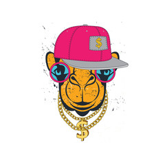 funny camel with gold chain in glasses and cap. Colored print for t-shirt and another, trendy apparel desig. Vector illustrations  