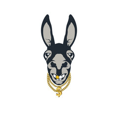 donkey with gold chain and gold tooth. Colored print for t-shirt and another, trendy apparel desig. Vector illustrations  