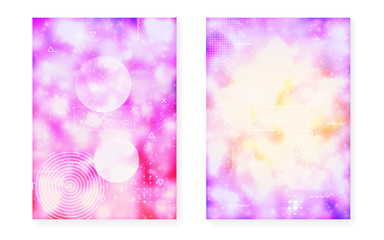 Bauhaus cover set with liquid shapes. Neon luminous  background with fluorescent purple.