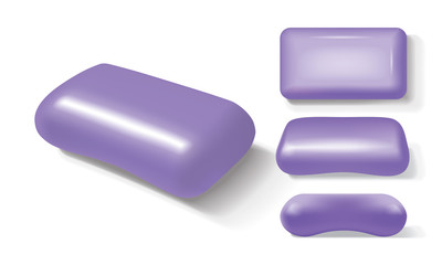 Violet soap from different sides on a white background