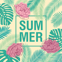Summer background with hand drawn pink flowers and tropical leaves. Floral elements for your design. Vector illustration.