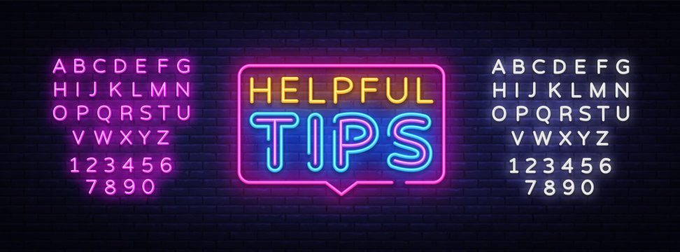 Helpful Tips Neon Text Vector. Helpful Tips neon sign, design template, modern trend design, night neon signboard, night bright advertising, light banner, light art. Vector. Editing text neon sign