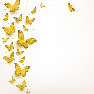 Golden Gold Butterflies on White Fabric