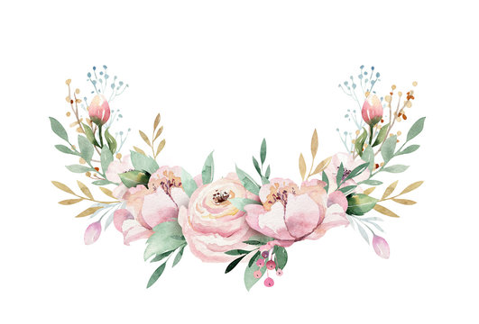 Hand drawn watercolor wreath illustration. Isolated Botanical wreathes of green branches and flower leaves. Spring and summer mood. Wedding blossom Floral Design elements.
