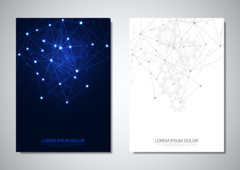 Brochure template or cover design. Digital technology with plexus background and space for your text. Geometric abstract background of connecting dots and lines.