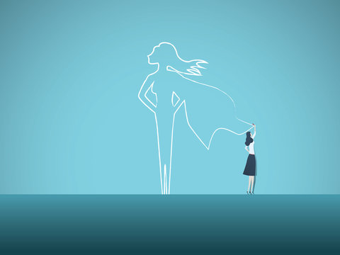 Business ambition and motivation vector concept with businesswoman drawing superhero on wall. Symbol of confidence, career growth, power, strength, feminism and emancipation.