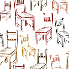 chairs pattern, seamless pattern hand drawn sketch of furniture, brown line drawing, vector pattern without background