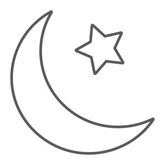 Islamic crescent thin line icon, arabic and islam, moon and star sign, vector graphics, a linear pattern on a white background.