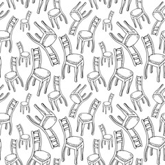chairs pattern, seamless pattern hand drawn sketch of furniture, black and white drawing, vector pattern without background