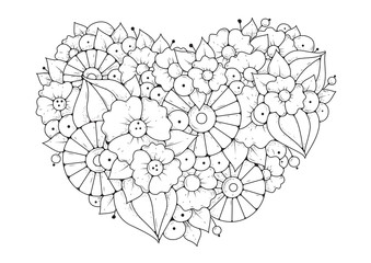 Hand drawn backdrop. Coloring book, page for adult and older children. Black and white abstract floral pattern. Vector illustration. Design for meditation.