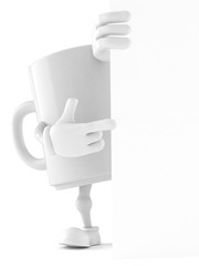 Mug character pointing behind white board