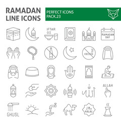Ramadan thin line icon set, islamic symbols collection, vector sketches, logo illustrations, muslim signs linear pictograms package isolated on white background.