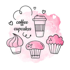 Vector illustration with cupcakes and coffee. The style of line and watercolour. Sweet pastries and hot coffee.