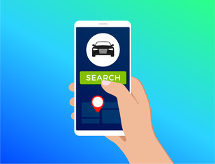 Car-sharing and carpooling service flat illustration concept design for web, banner, slider, icon. Carpool ride app - search for carshare auto from smartphone with bright gradient background.