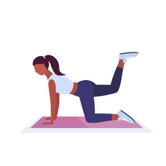 sporty woman doing fitness exercises on yoga mat african american girl training in gym aerobic workout healthy lifestyle concept flat white background