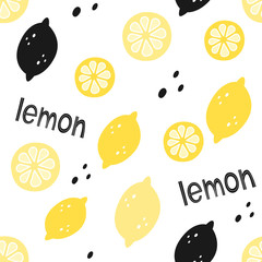 Vector seamless pattern with lemons and lettering. Doodle, hand drawn, cartoon style.