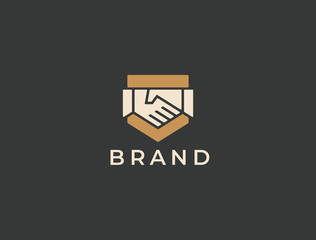 Abstract handshake business logo, vector logo. Two hands make a deal on the shield background. Trust, friendship, partnership, agreement, business, success, money, deal, contract, team, symbol icon.