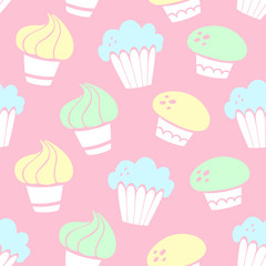 Vector seamless pattern with cakes, cupcakes, muffins in Doodle style, hand drawn style. Pastel color.