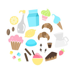 Vector set with coffee additives, desserts and drinks. Hand-drawn style.