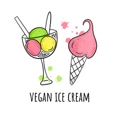 Vector illustration with vegan ice cream. The style of line and watercolour. Ice cream in balls and a horn.
