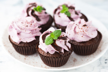 Chocolate cupcake with blueberry cheese cream on a white plate, copy space
