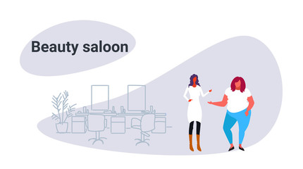 female beautician discussing with fat obese woman patient modern beauty saloon interior cartoon characters full length sketch flow style horizontal
