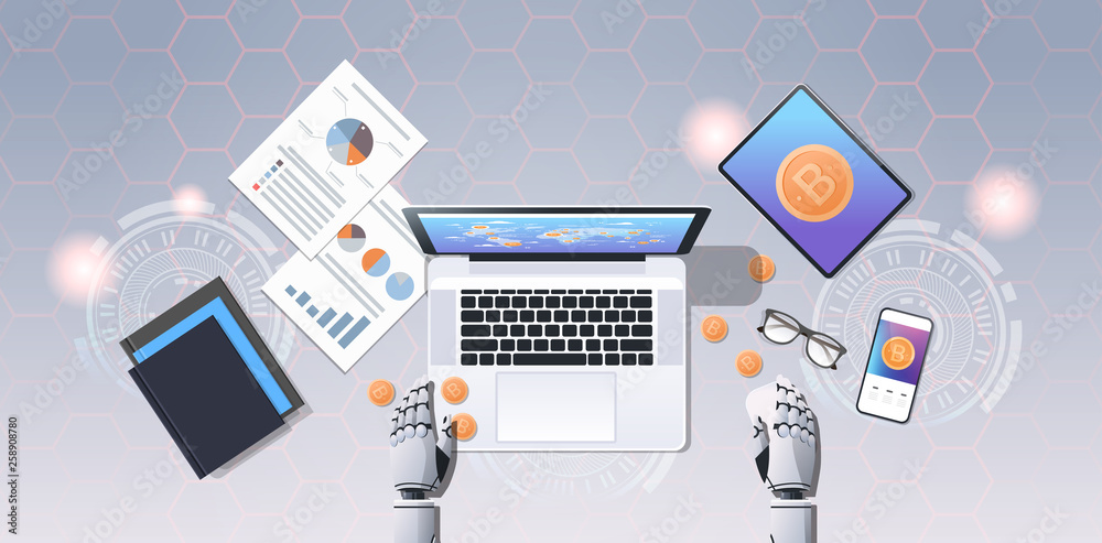 Poster crypto currency trading bot block chain concept bitcoin mining robotic hands using laptop at workpla