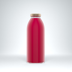 Tall transparent glass bottle filled by berry juice on the white background.