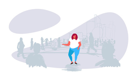 obese fat woman standing out from crowd people silhouettes over size girl different individuality concept cityscape background sketch doodle horizontal