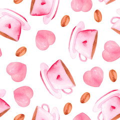 Watercolor pattern with pink sweets ice cream, fruit ice, donuts, butterflies, candy, coffee, hearts. Hand drawn illustration.
