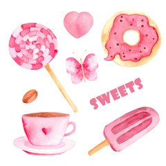  Watercolor set with pink sweets ice cream, fruit ice, donuts, butterflies, candy, coffee, hearts. Hand drawn illustration.