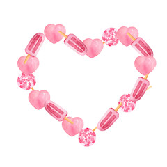 Obraz premium Watercolor set with pink sweets ice cream, fruit ice, donuts, butterflies, candy, coffee, hearts. Hand drawn illustration.