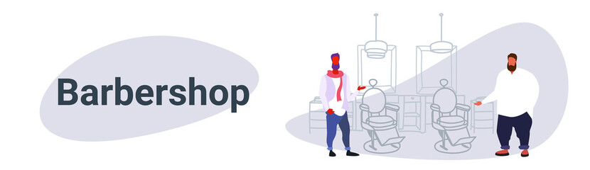 couple stylish thin and fat barbers standing near retro style haircut chair male hairdressers in hair salon modern barbershop interior sketch doodle horizontal banner
