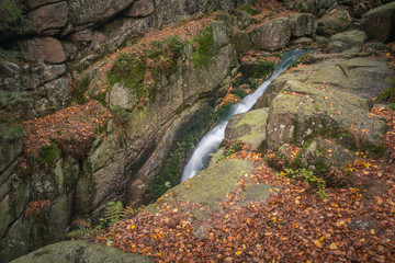 Podgorna Waterfall in the autumn scenery in Przesieka, Sudety, Poland