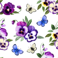 Seamless floral pansy pattern. Hand drawn watercolor