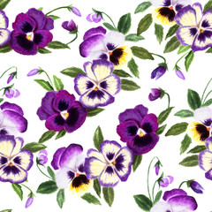 Seamless floral pansy pattern. Hand drawn watercolor - 258909558