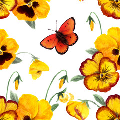 Seamless floral pansy pattern. Hand drawn watercolor - 258909586