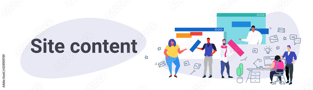 Poster contents creation professionals team working on landing page site content web design and development